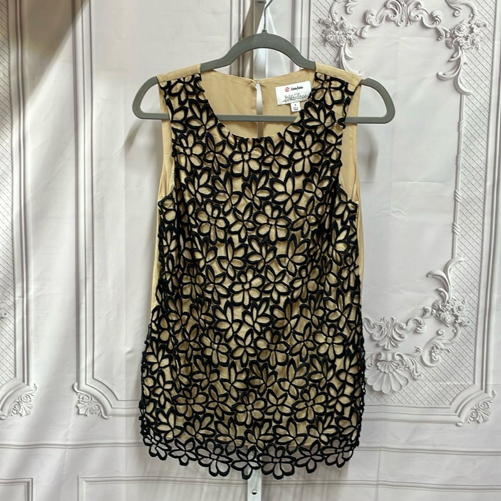 Neiman Marcus Lela Rose silk blend black floral open lace sleeveless S b…